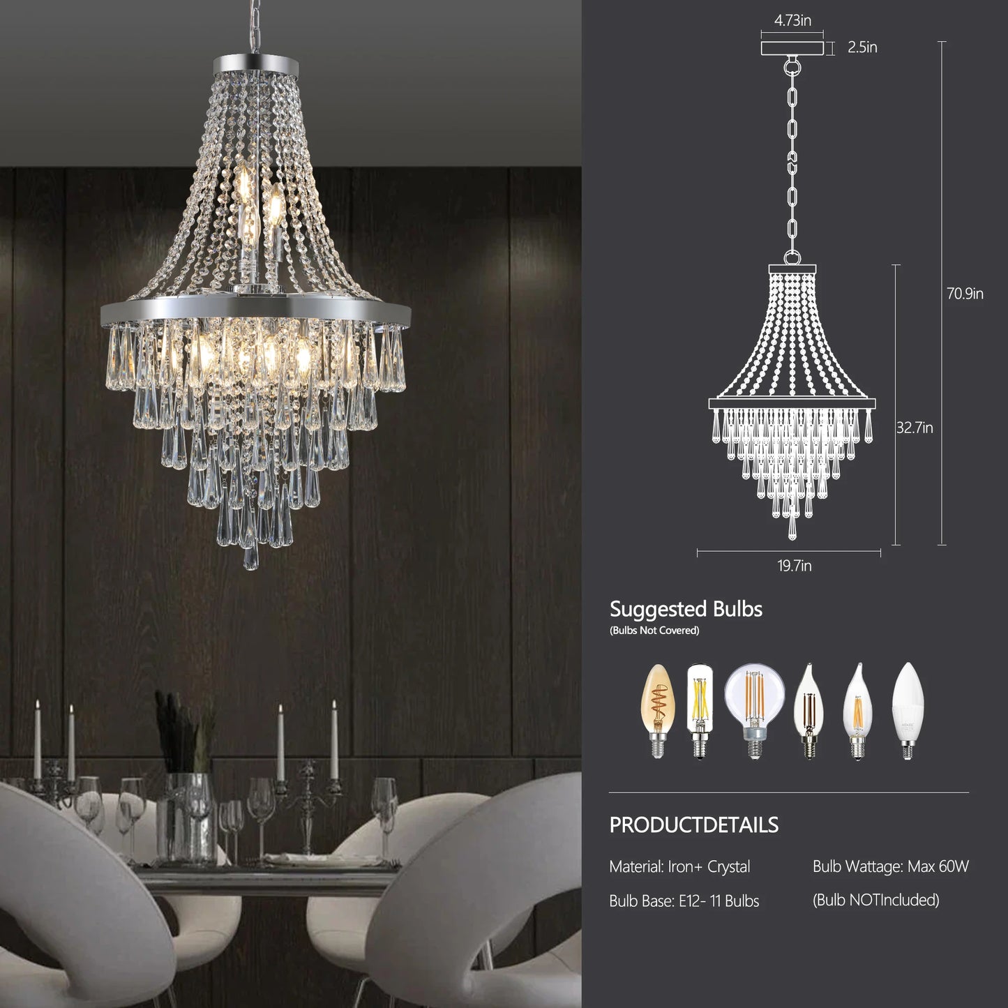 Large Luxury Silver Crystal Chandelier with Dazzling K9 Crystals