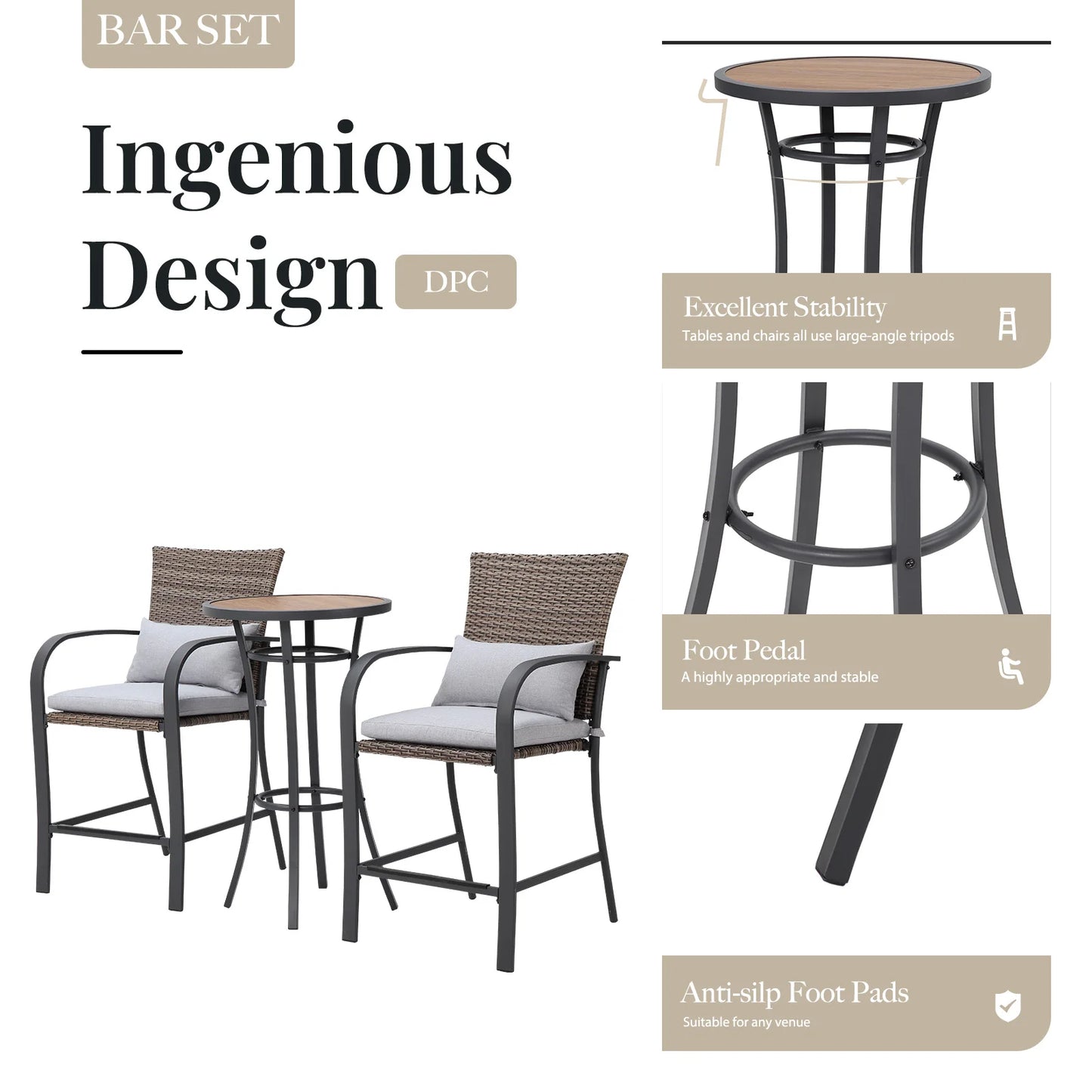 Naga Bahna 2pcs Rattan Wicker Patio Bar Chair Set with Cushions