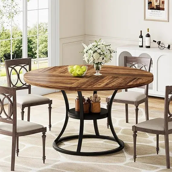 Round Dining Table for 4 to 6 with Storage Shelf and Metal Base