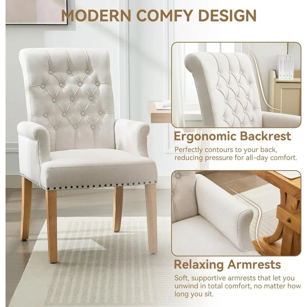 Upholstered Tufted Dining Chair with Arms and Solid Wood Legs