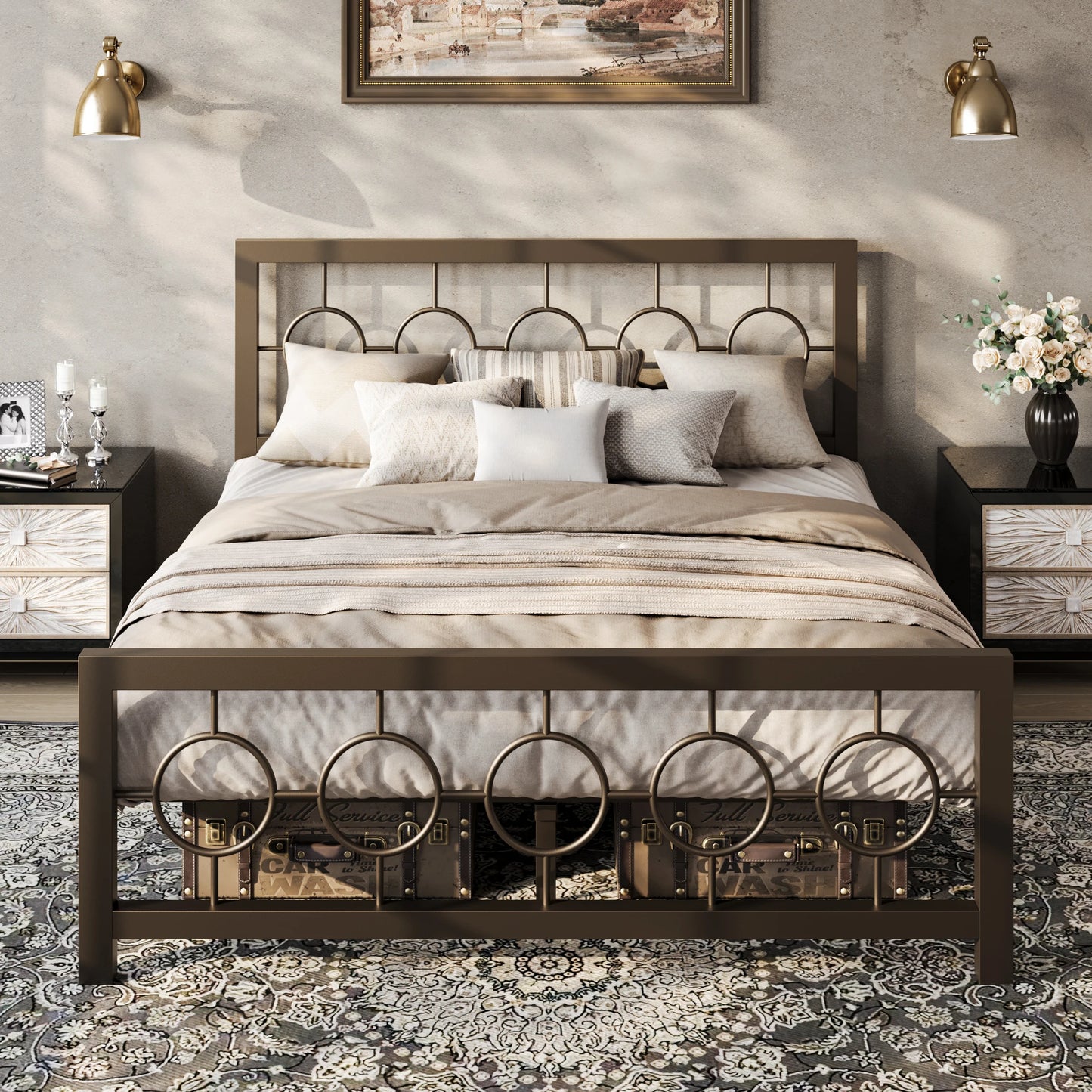 HOOMIC Metal Platform Bed Frame with Vintage Circular Design