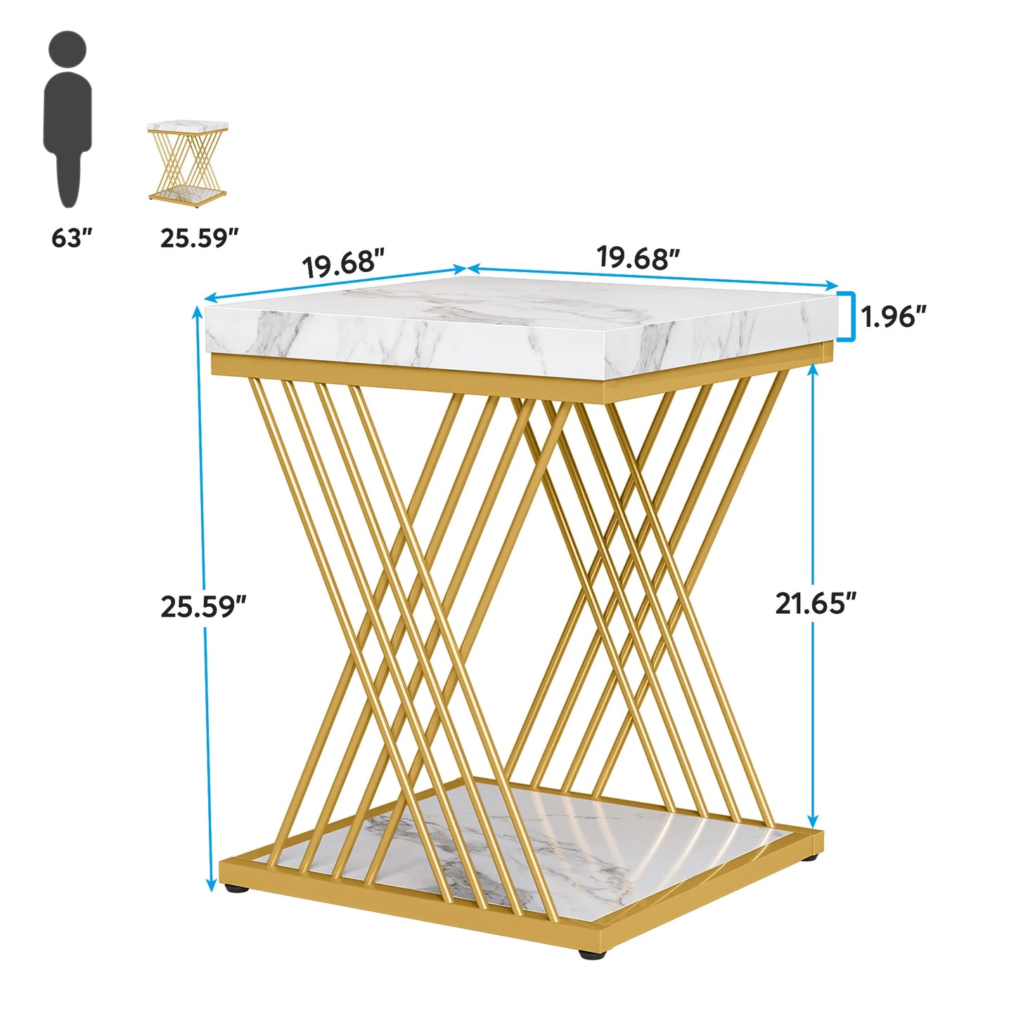 Tribesigns Modern White Gold 2-Tier Square Side Table Set