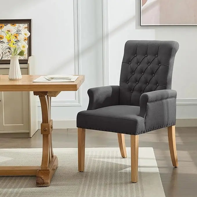 Upholstered Tufted Dining Chair with Arms and Solid Wood Legs