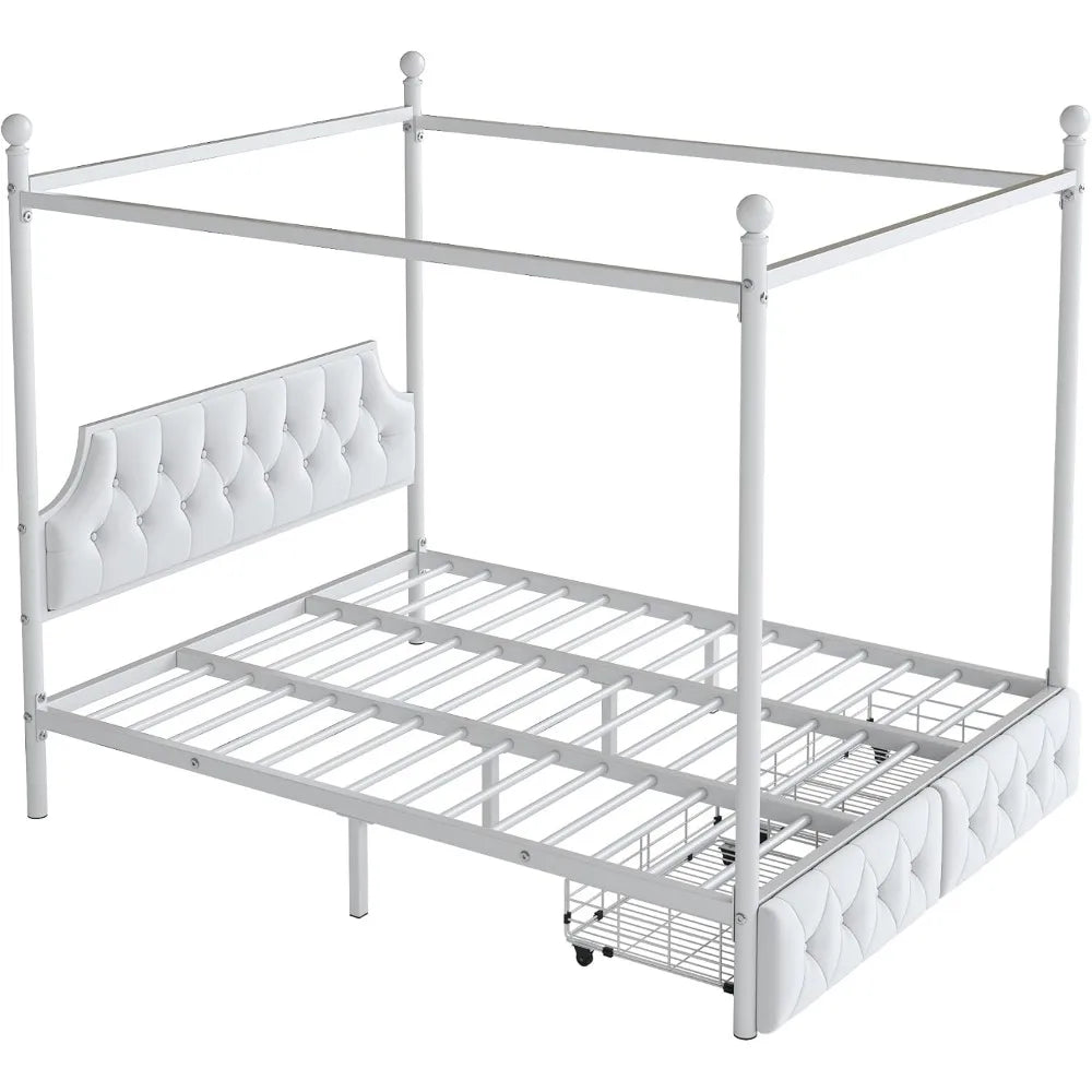 Softsea Queen Size Metal Canopy Bed with Storage and Headboard