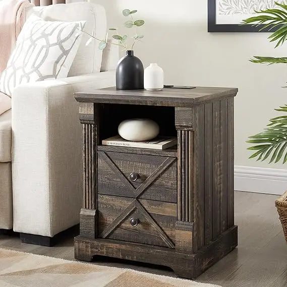 Rustic Nightstand with Charging Station and Barn Door Design