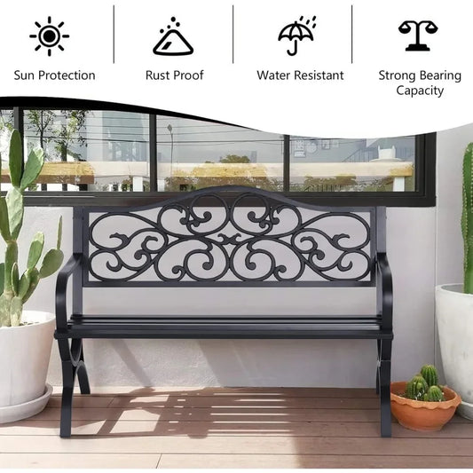 50 Inch Outdoor Garden Bench with Floral Design Metal Frame