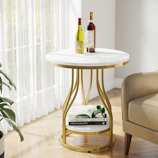 Tribesigns Modern White Gold Round Side Table with Storage