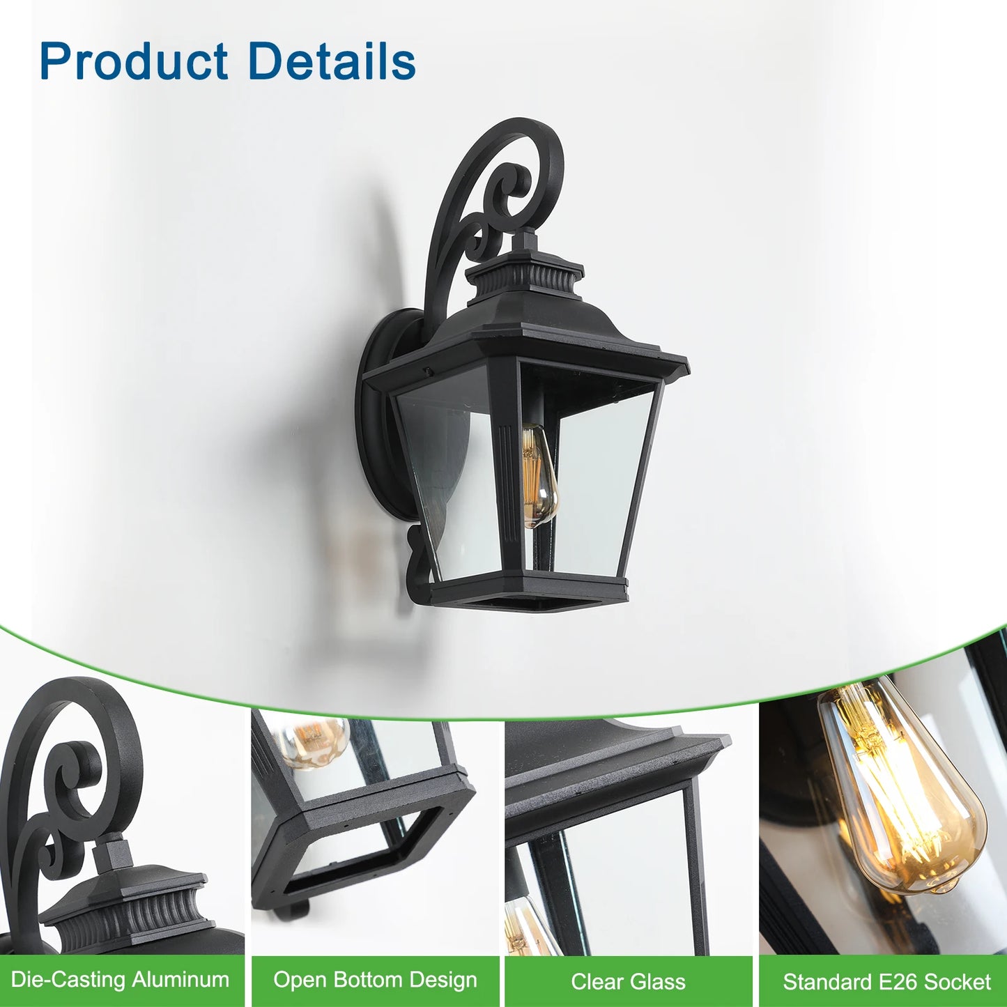 Black Vintage Outdoor Wall Lantern with Clear Glass Panels