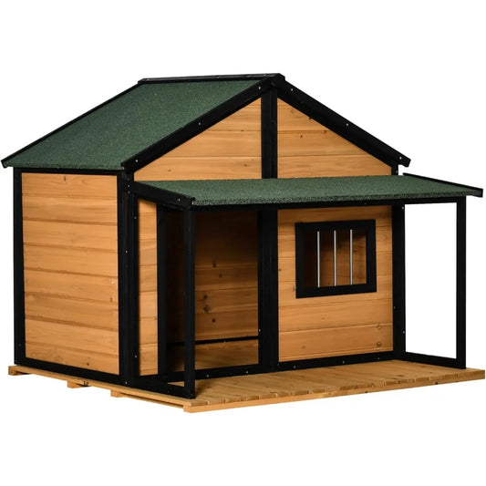 Wooden Raised Outdoor Dog House Cabin Style with Porch and Window