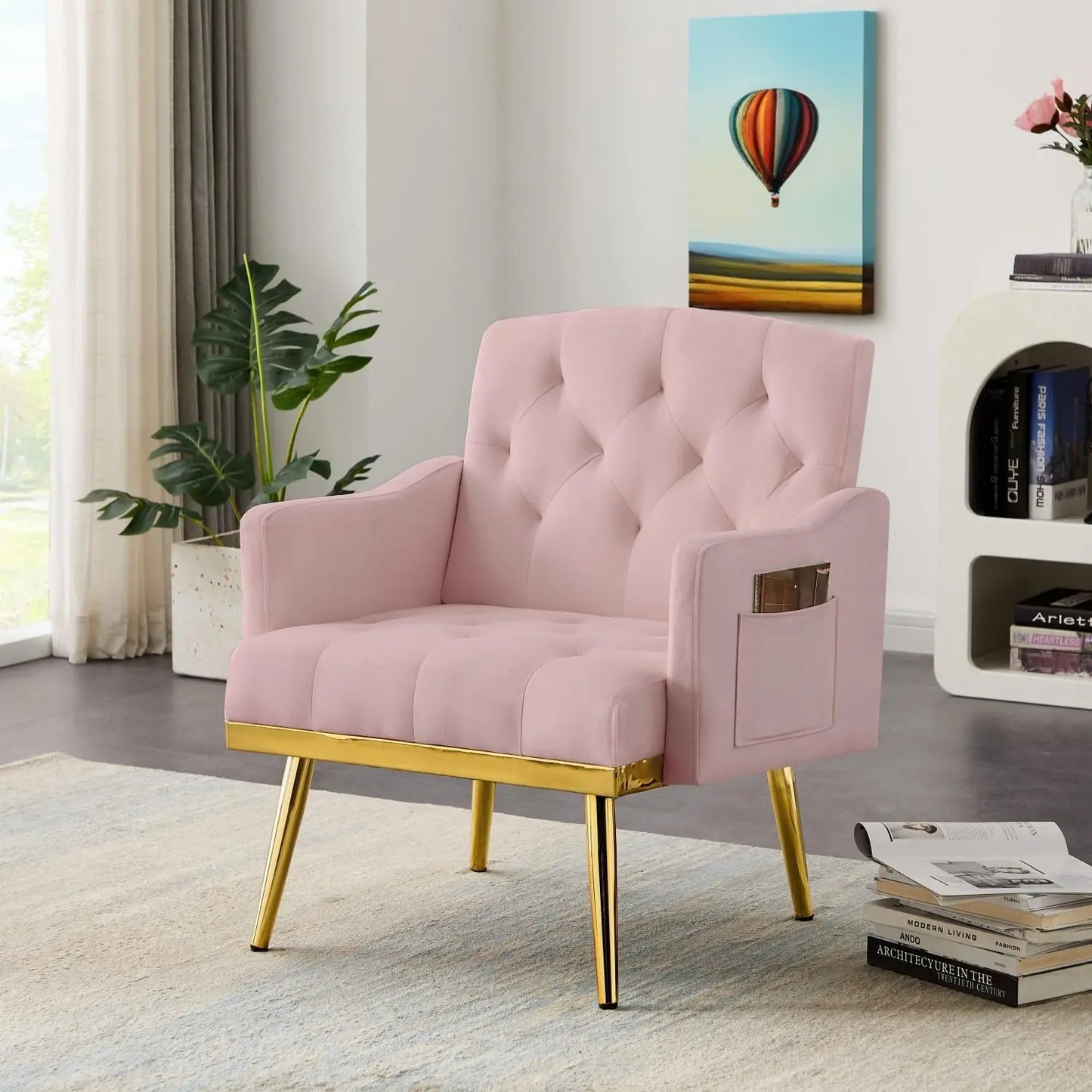 Beige Velvet Accent Chair with Gold Legs for Modern Living Room
