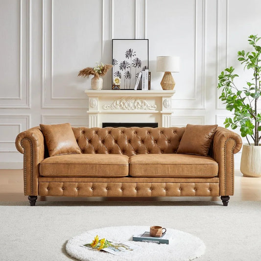 Modern Chesterfield Sofa Couch 85.5 Inch Brown 3-Seater Design