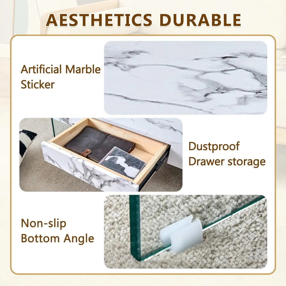 Modern White Rectangle Glass Coffee Table with Storage 43 Inches
