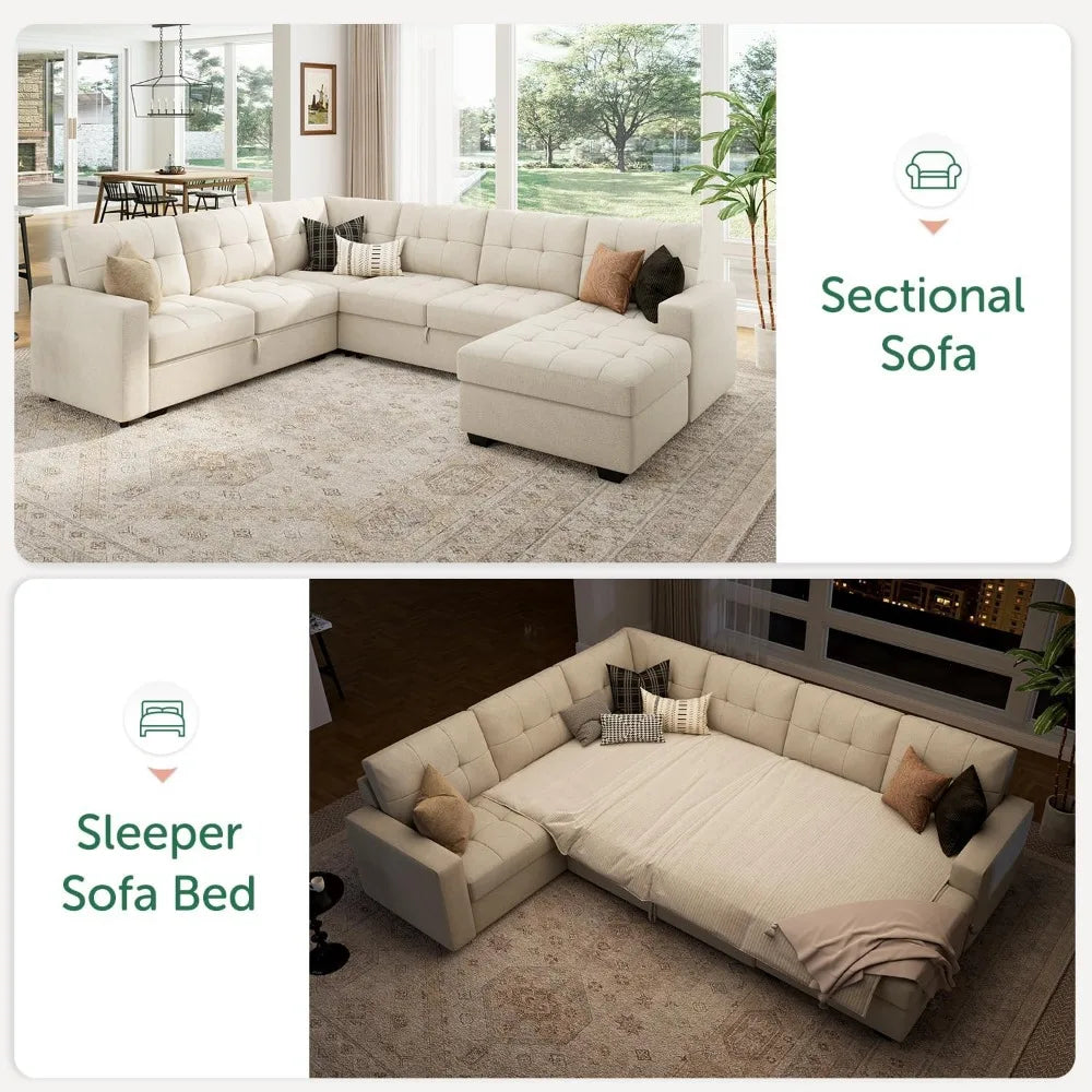 Beige U Shaped Sleeper Sectional Sofa With Storage Chaise