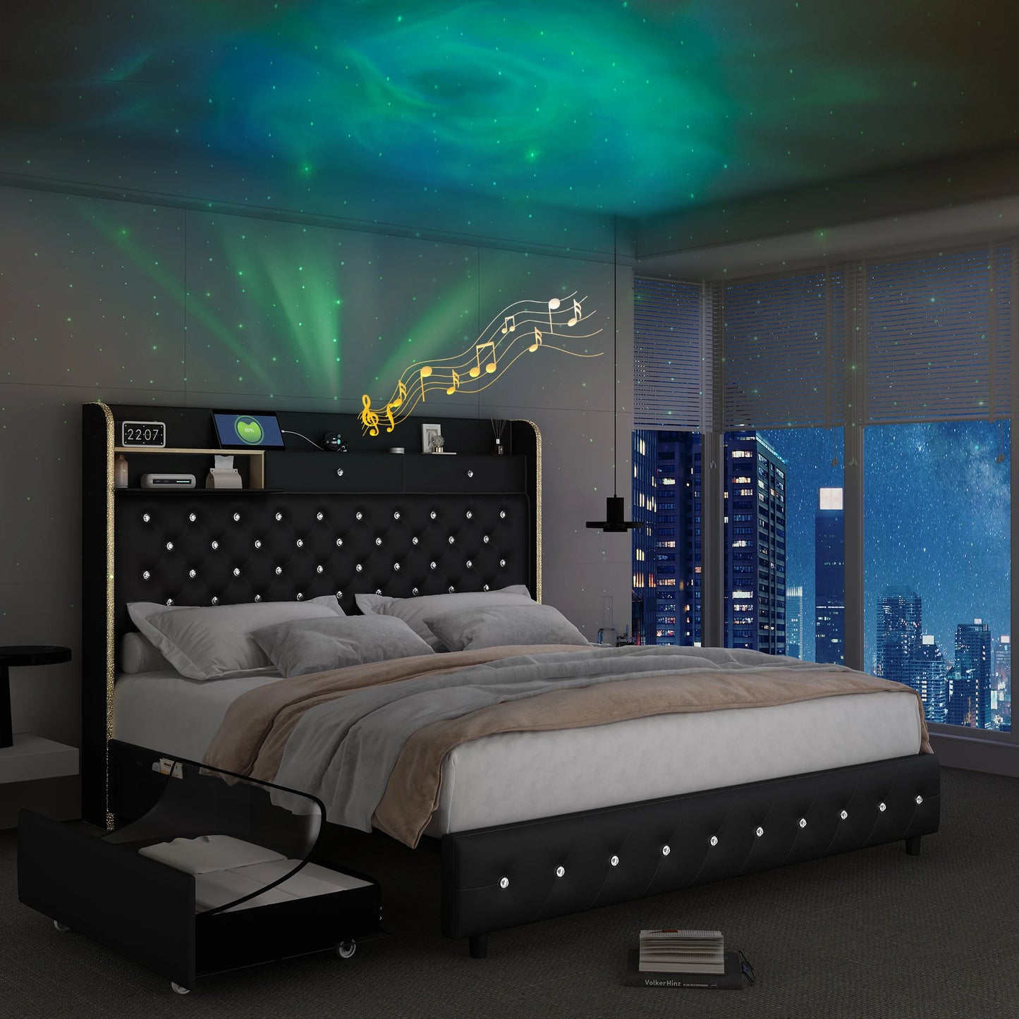 LED Bed Frame with Galaxy Projector and Charging Station