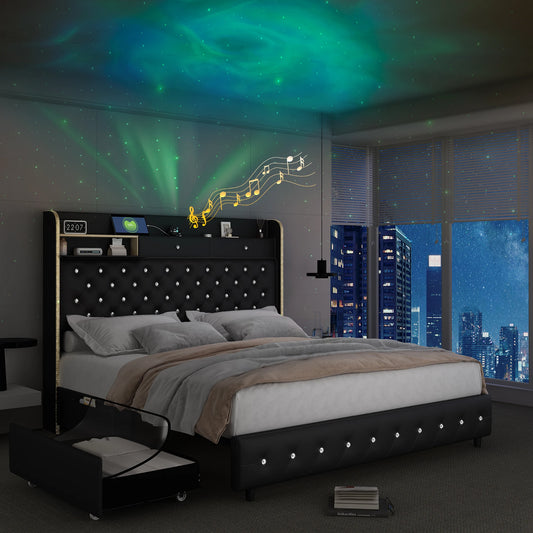 LED Bed Frame with Galaxy Projector and Charging Station