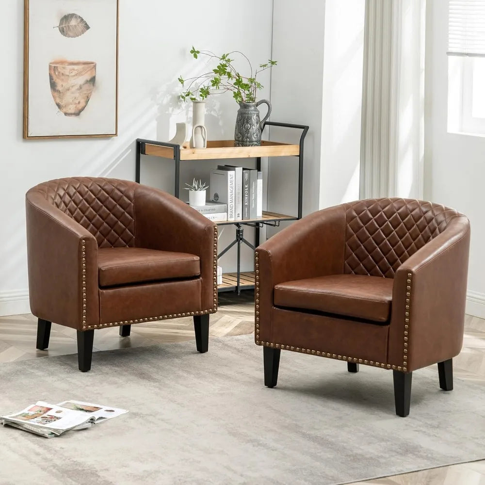 29 Inch Faux Leather Barrel Chairs Set of 2 Modern Accent Chairs
