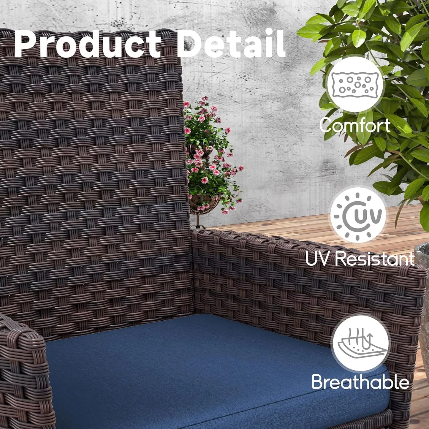 5 Piece Rattan Patio Dining Set with Cushions and Navy Blue Chairs