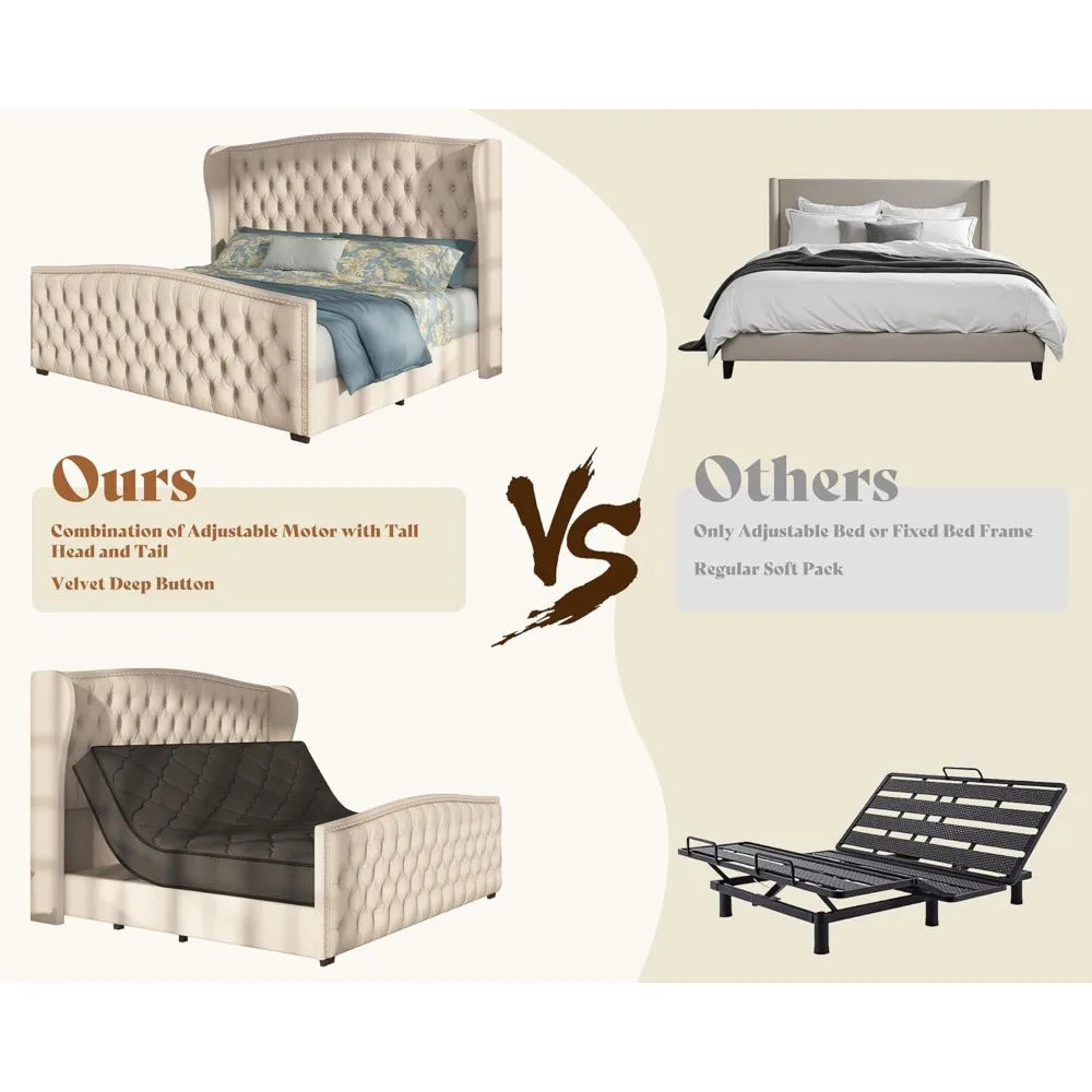 Amerlife King Size Adjustable Bed Frame with Velvet Headboard