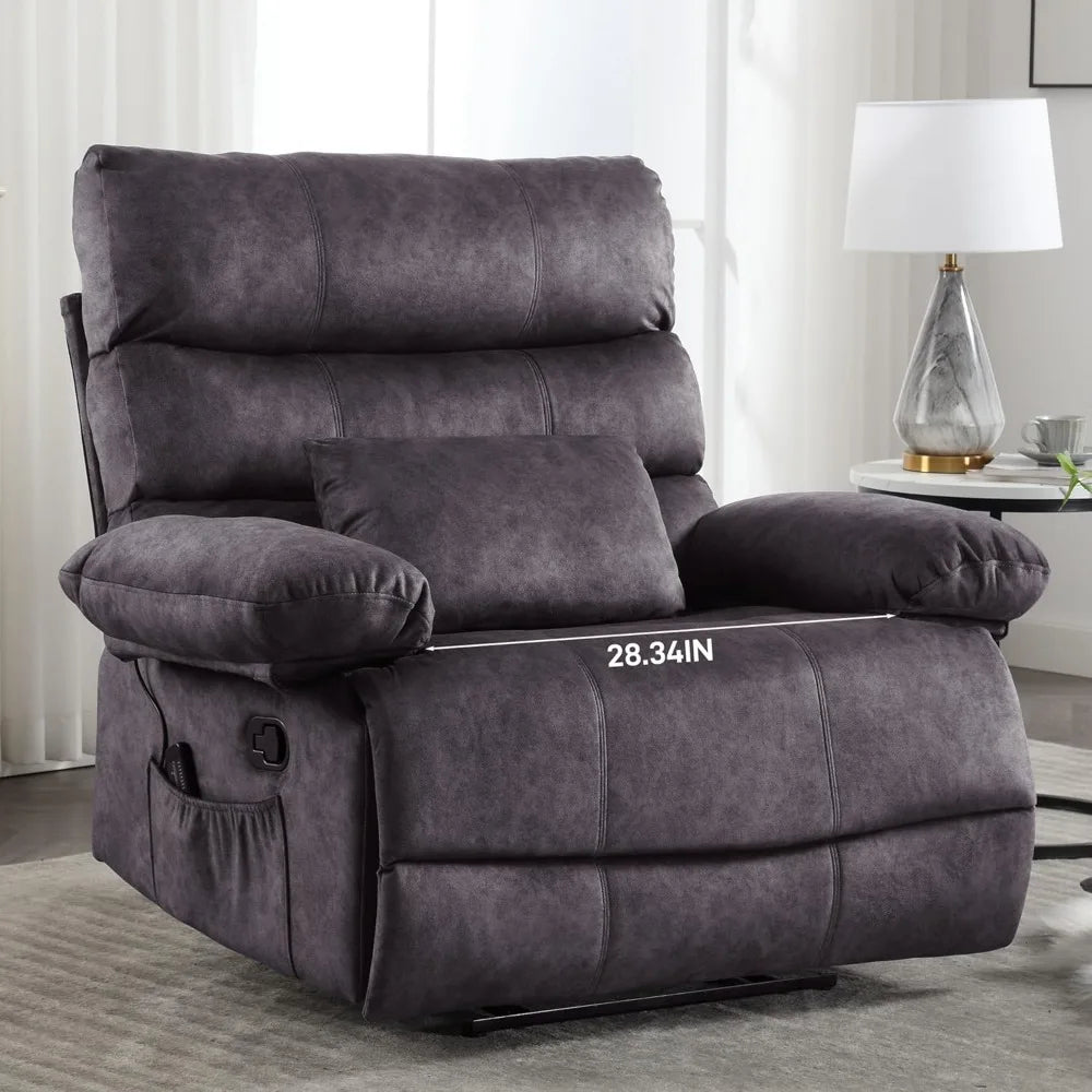 Oversized Manual Fleece Recliner with Lumbar Pillow and Pockets