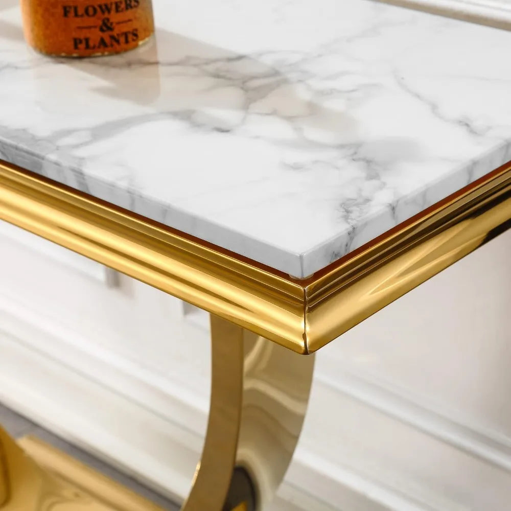 White Marble Console Table with Stainless Steel Base for Living Room