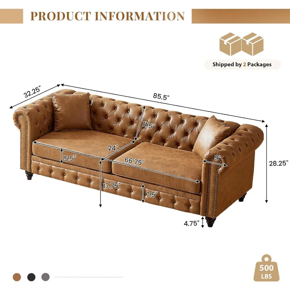 Modern Chesterfield Sofa Couch 85.5 Inch Brown 3-Seater Design