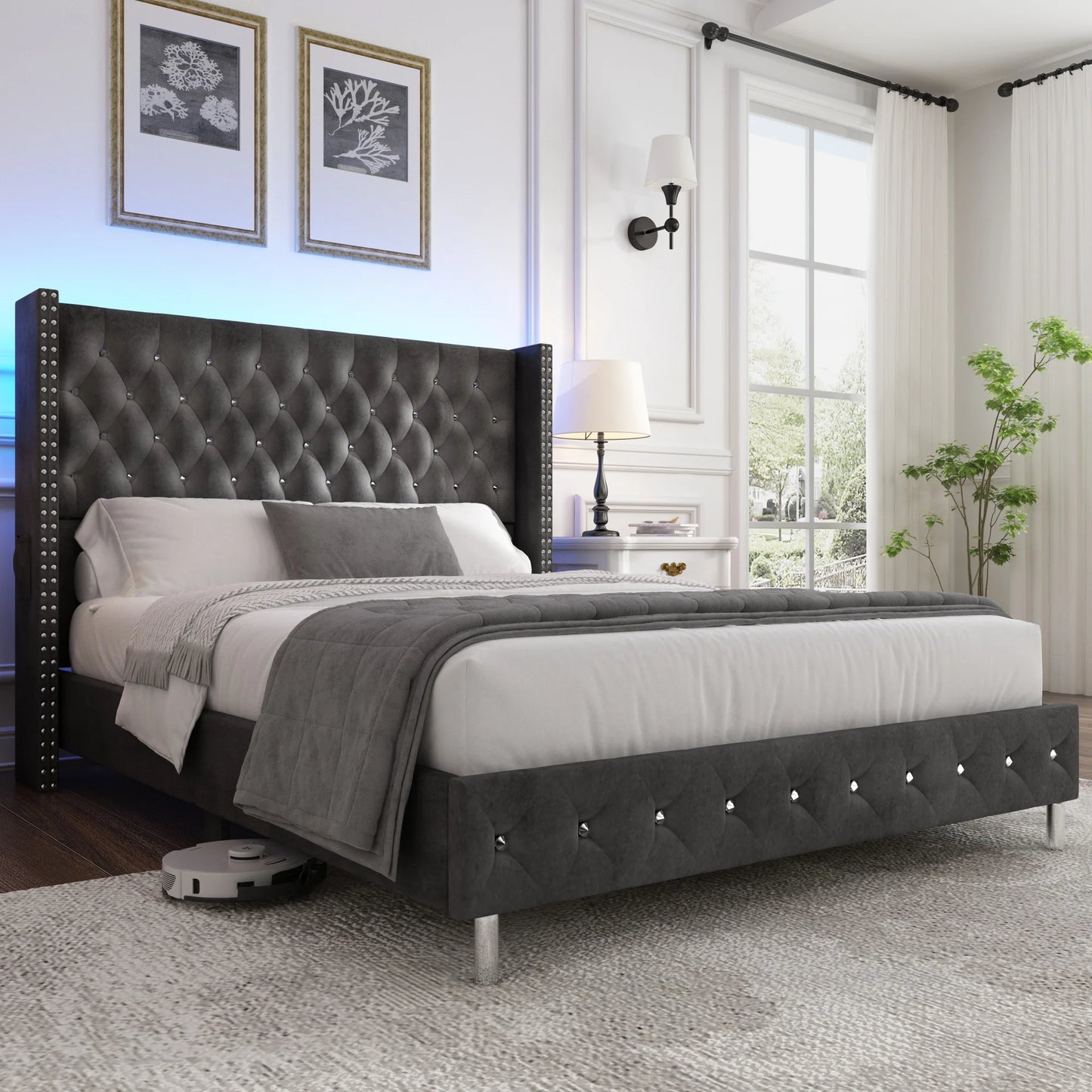 Queen Size Upholstered Bed Frame with Wingback Headboard and LED