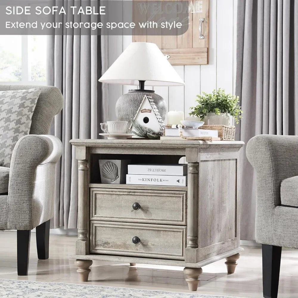 24 Inch Farmhouse End Table with Charging Station and Drawers