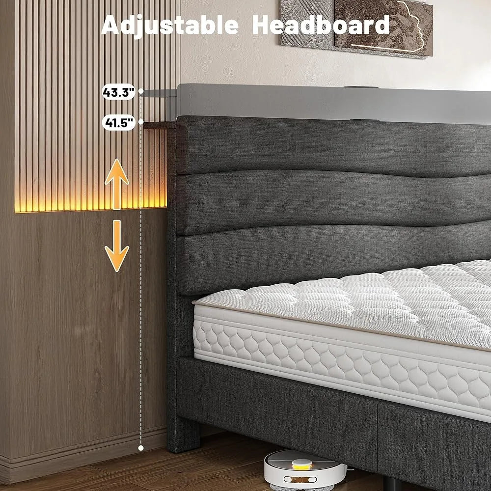 Queen Bed Frame with Upholstered Headboard and Storage Charging Station