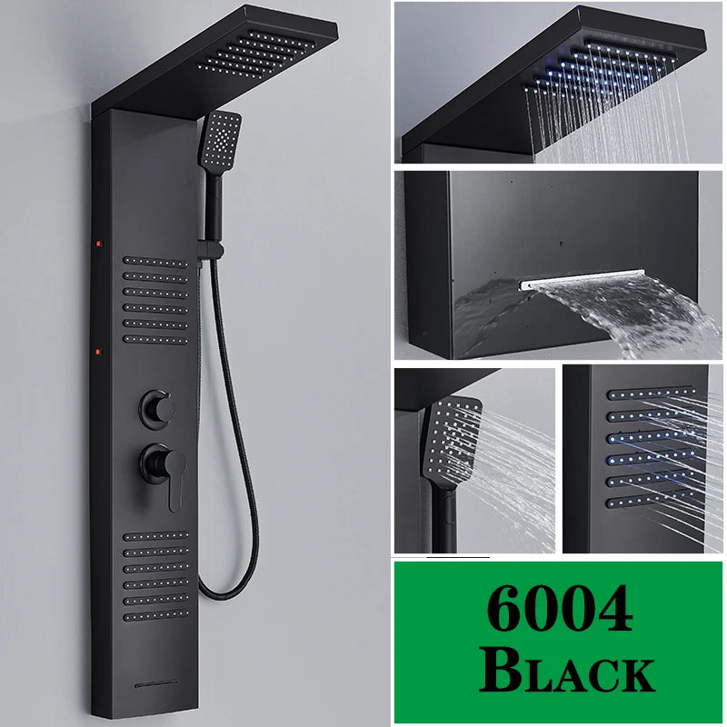 LED Shower Panel Matte Black Rainfall System with Massage Jets