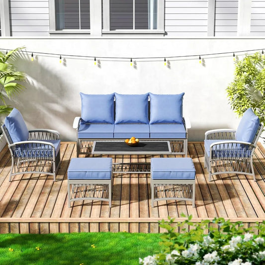 6 Piece Metal Patio Furniture Set with Cushions and Ottoman