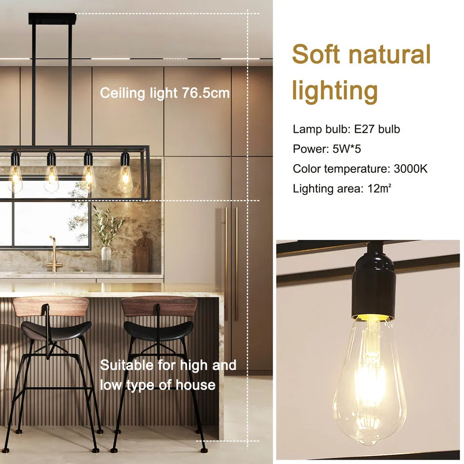 Vrygle Industrial 5-Bulb Black Ceiling Lamp for Kitchen and Living Room