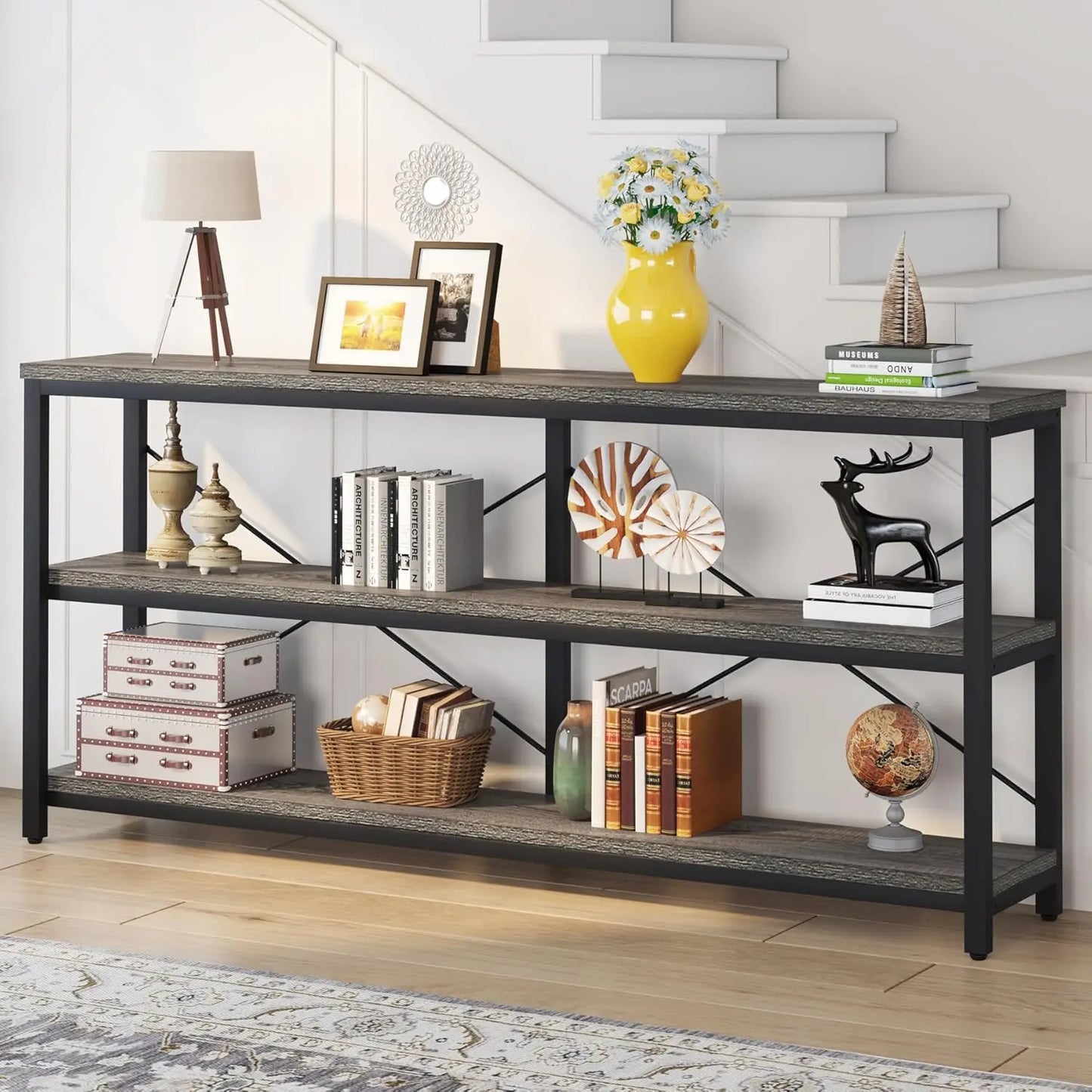 Modern 71 Inch Sofa Table with 3 Tier Storage Shelves