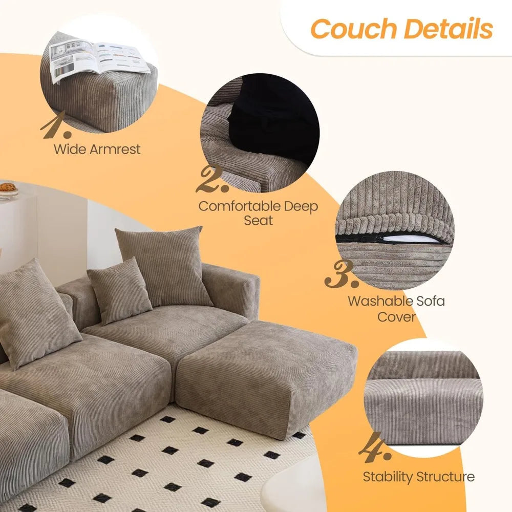 Oversized Modular Sectional Couch with Chaise and Ottomans