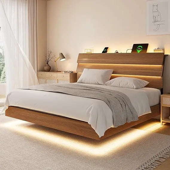 Floating King Size Metal Bed Frame with LED Lights and Storage