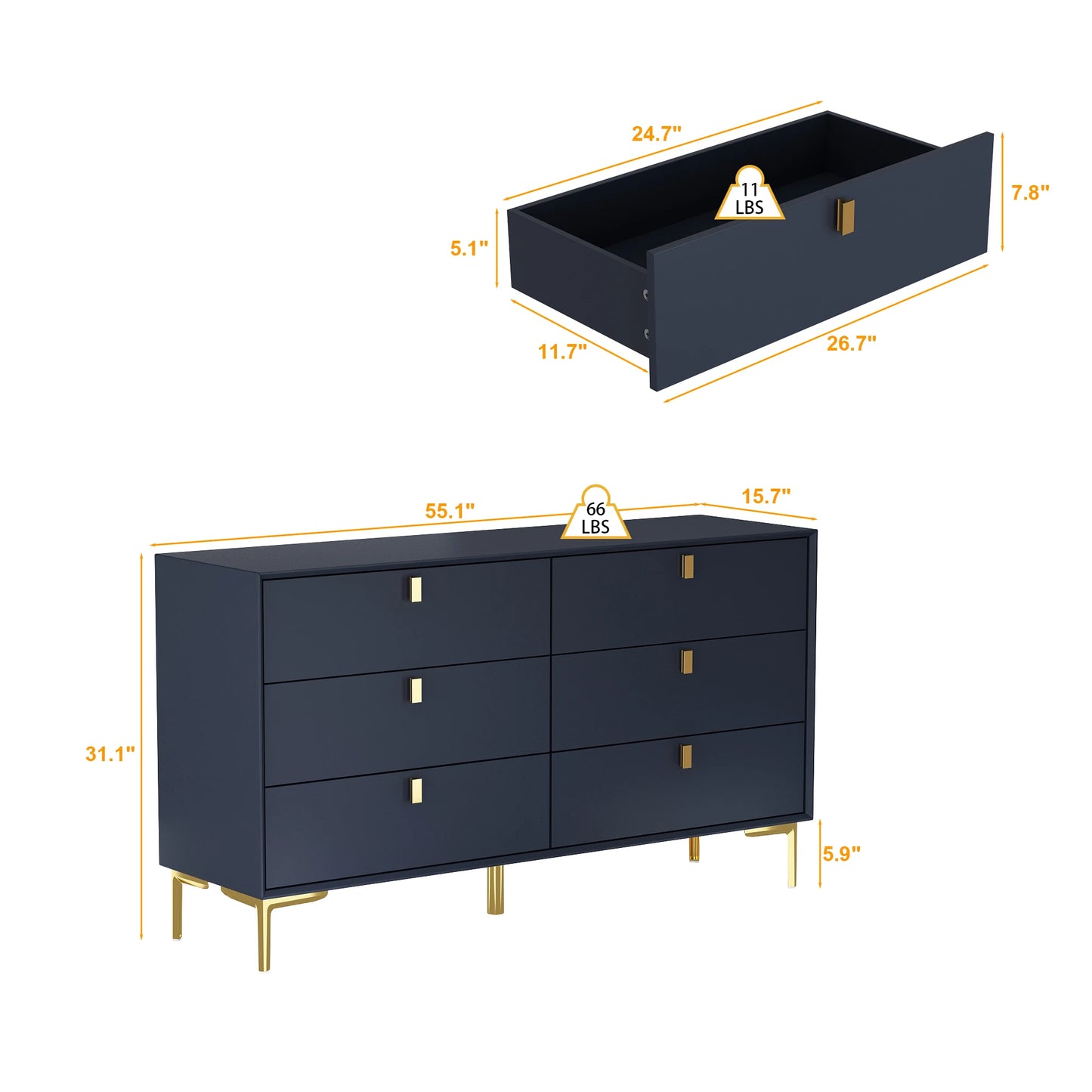 FUFU GAGA Modern Navy Blue Dresser with 6 Drawers for Home