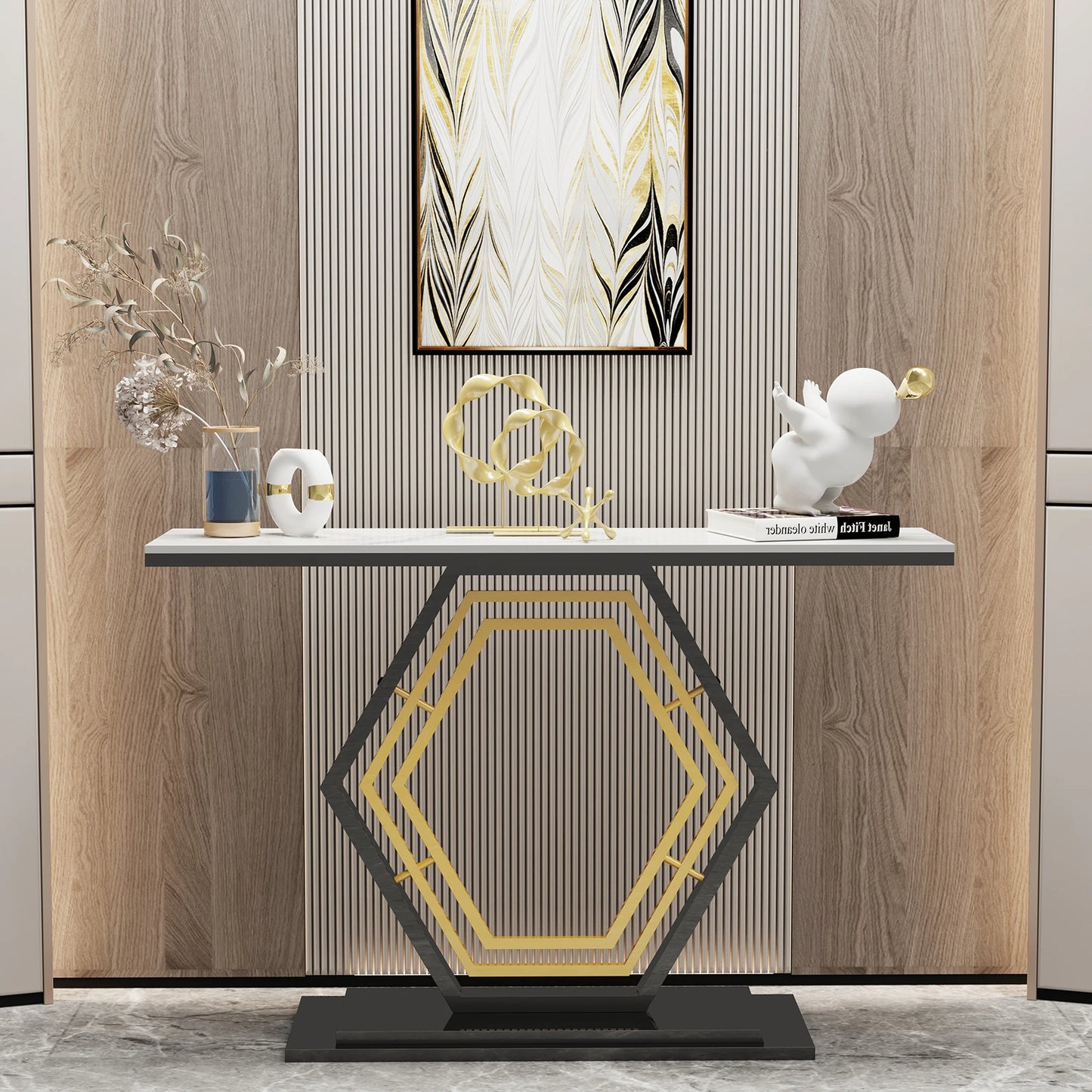 Modern Metal Console Table with Sintered Stone Top for Entryway