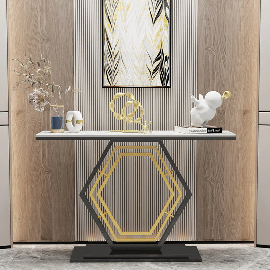 Modern Metal Console Table with Sintered Stone Top for Entryway