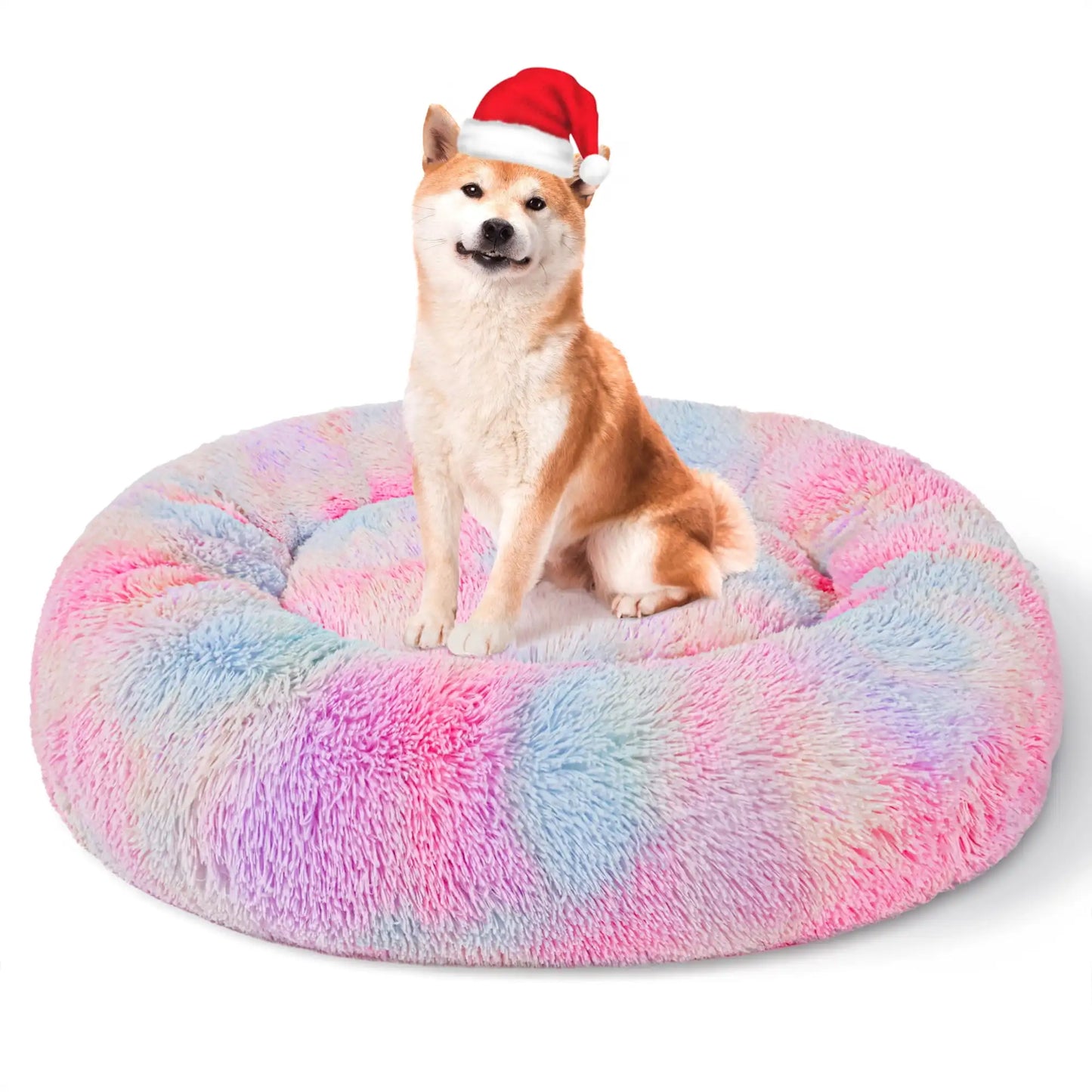 Calming Donut Pet Bed for Large Dogs 36 Inch Pink Rainbow