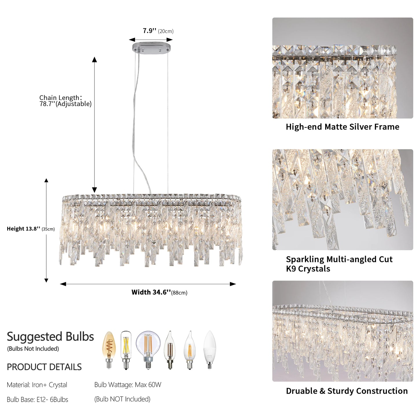 Silver Elegant Oval Crystal Chandelier Modern Ceiling Light