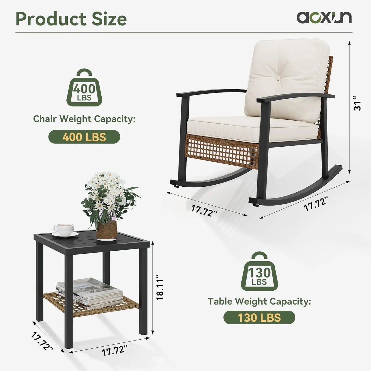 Beige 3-Piece Outdoor Rocking Bistro Set with Thick Cushions