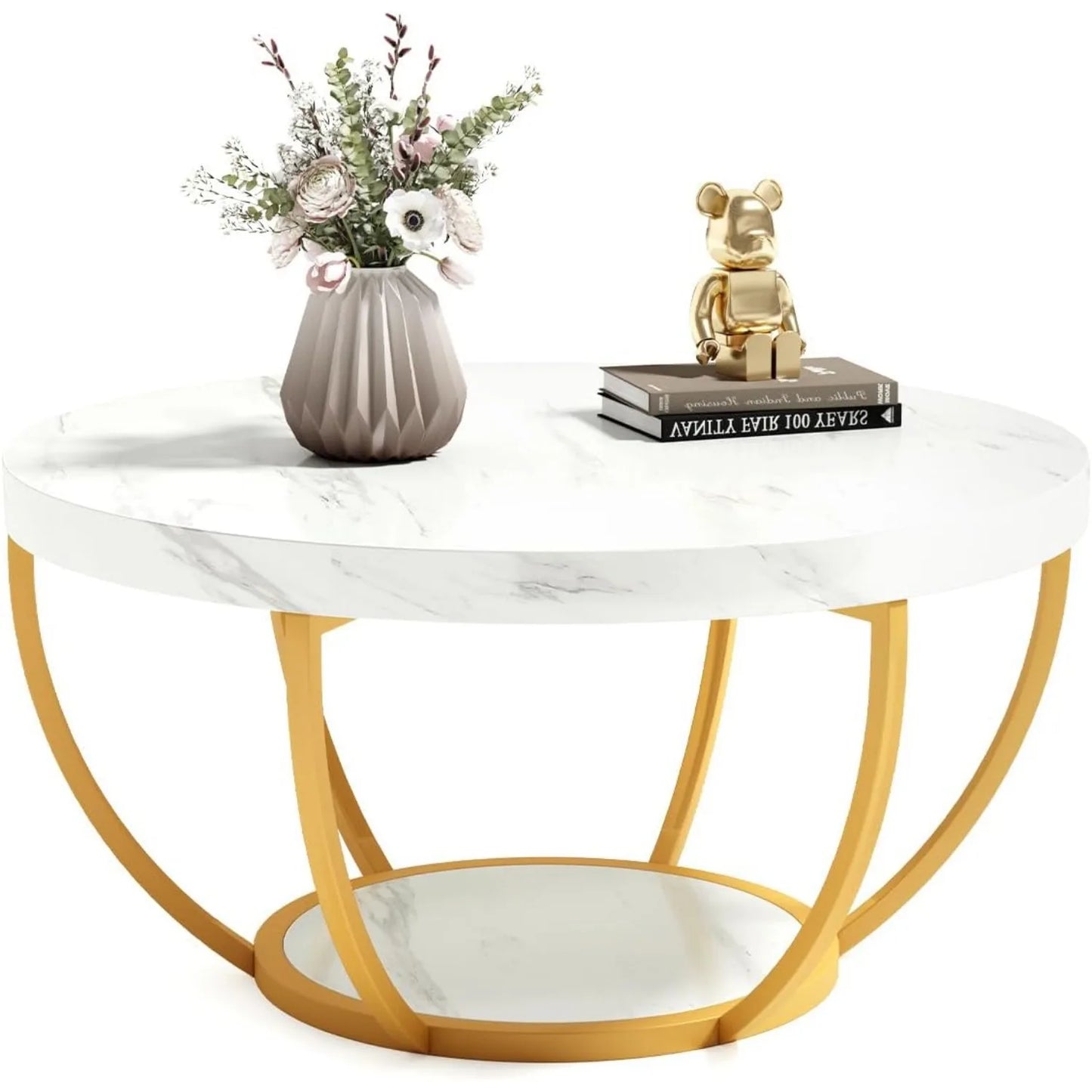 32 Inch Circle Marble Coffee Table with Golden Metal Legs