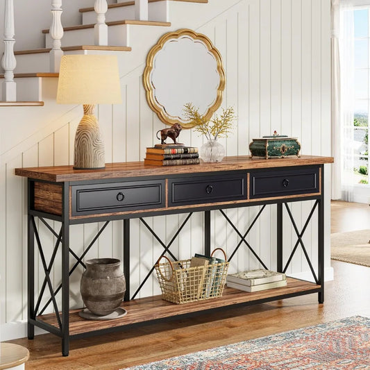 Extra Long Farmhouse Console Table with Storage Drawers