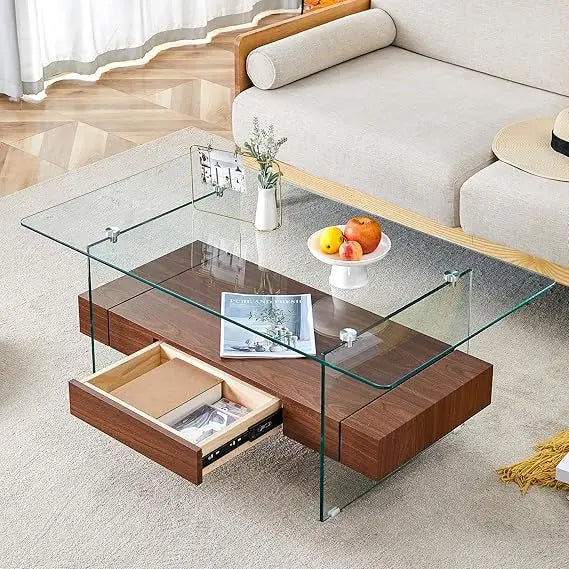 Modern White Rectangle Glass Coffee Table with Storage 43 Inches
