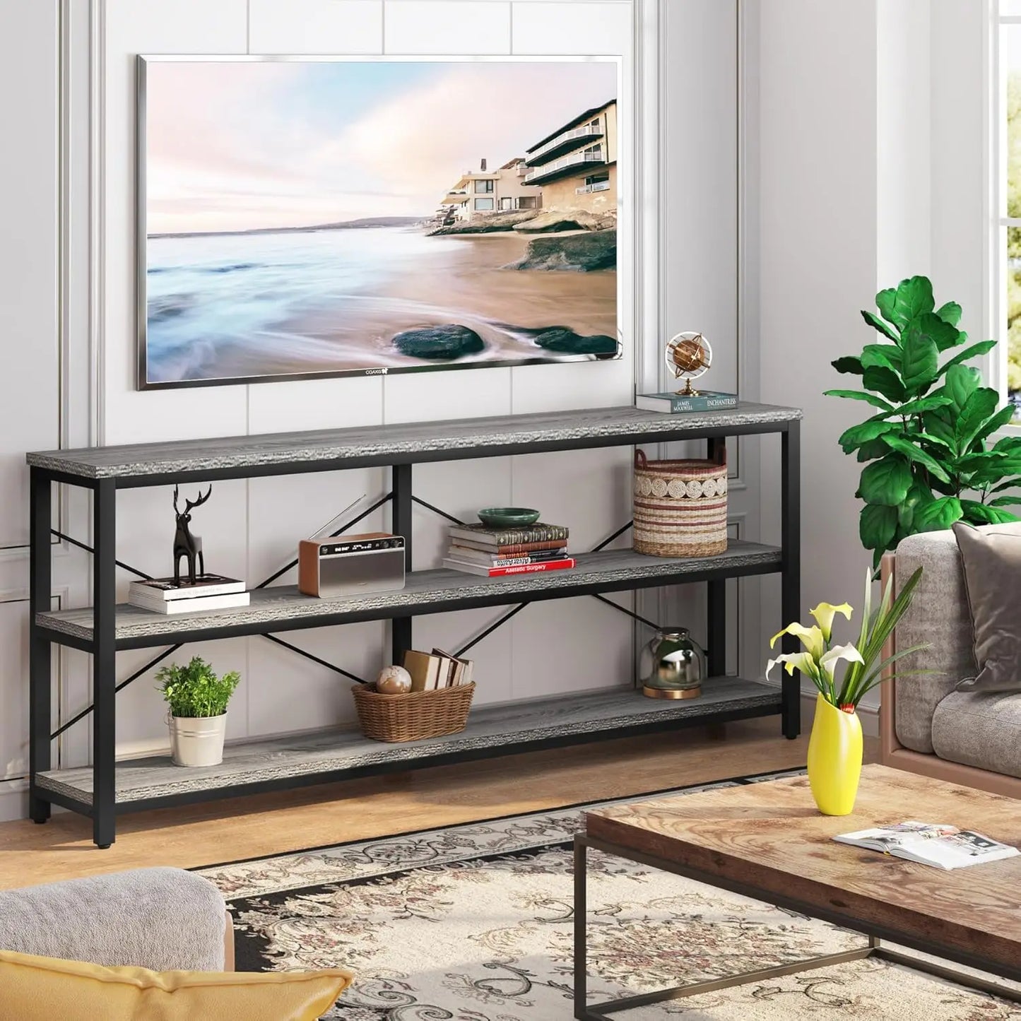 Modern 71 Inch Sofa Table with 3 Tier Storage Shelves