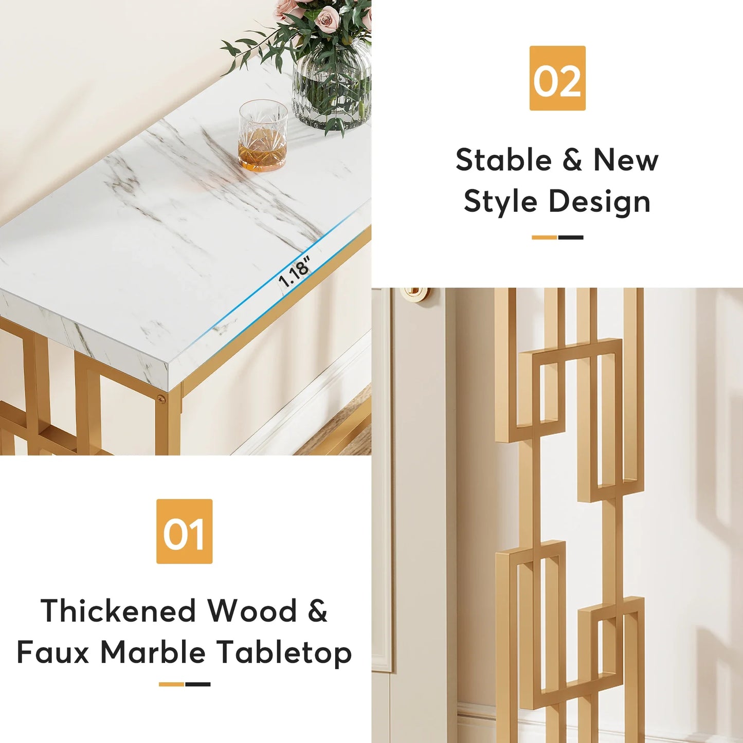 Tribesigns Gold Console Table with White Faux Marble Top