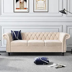 Chesterfield Leather Sofa 3 Seater Mid Century Tufted Couch