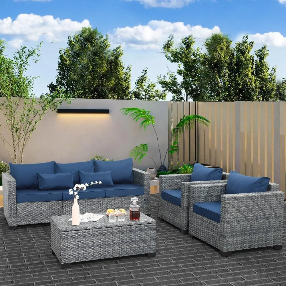 4 Piece Royal Blue Wicker Patio Furniture Set with Storage Table