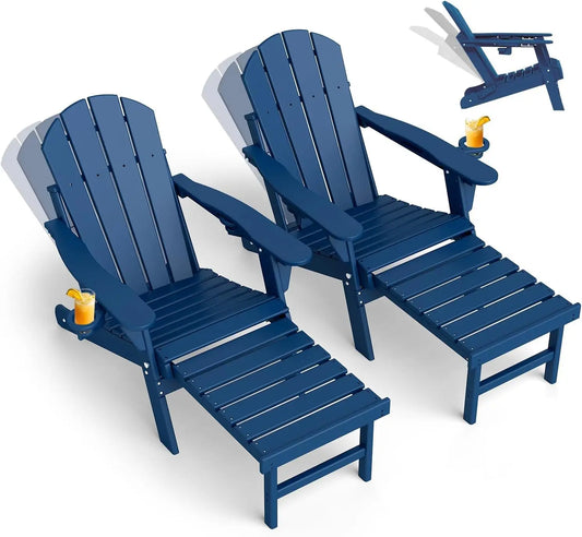 Adjustable Adirondack Chair Set with Retractable Ottoman Blue