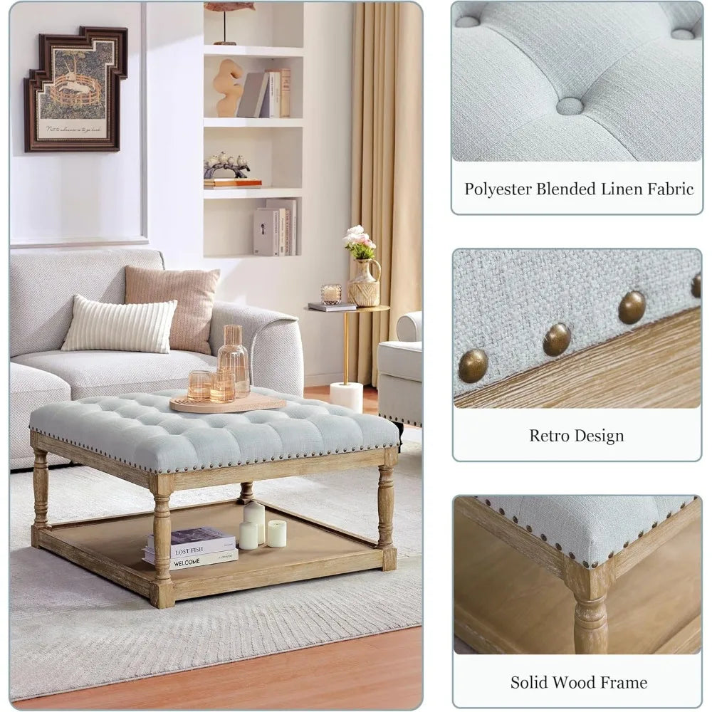 Large Square Tufted Ottoman Coffee Table with Storage Shelf