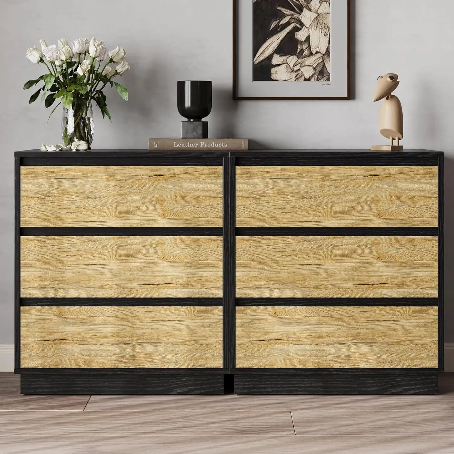 RoyaCraft Black Nightstand Set of 3 with Large Drawers